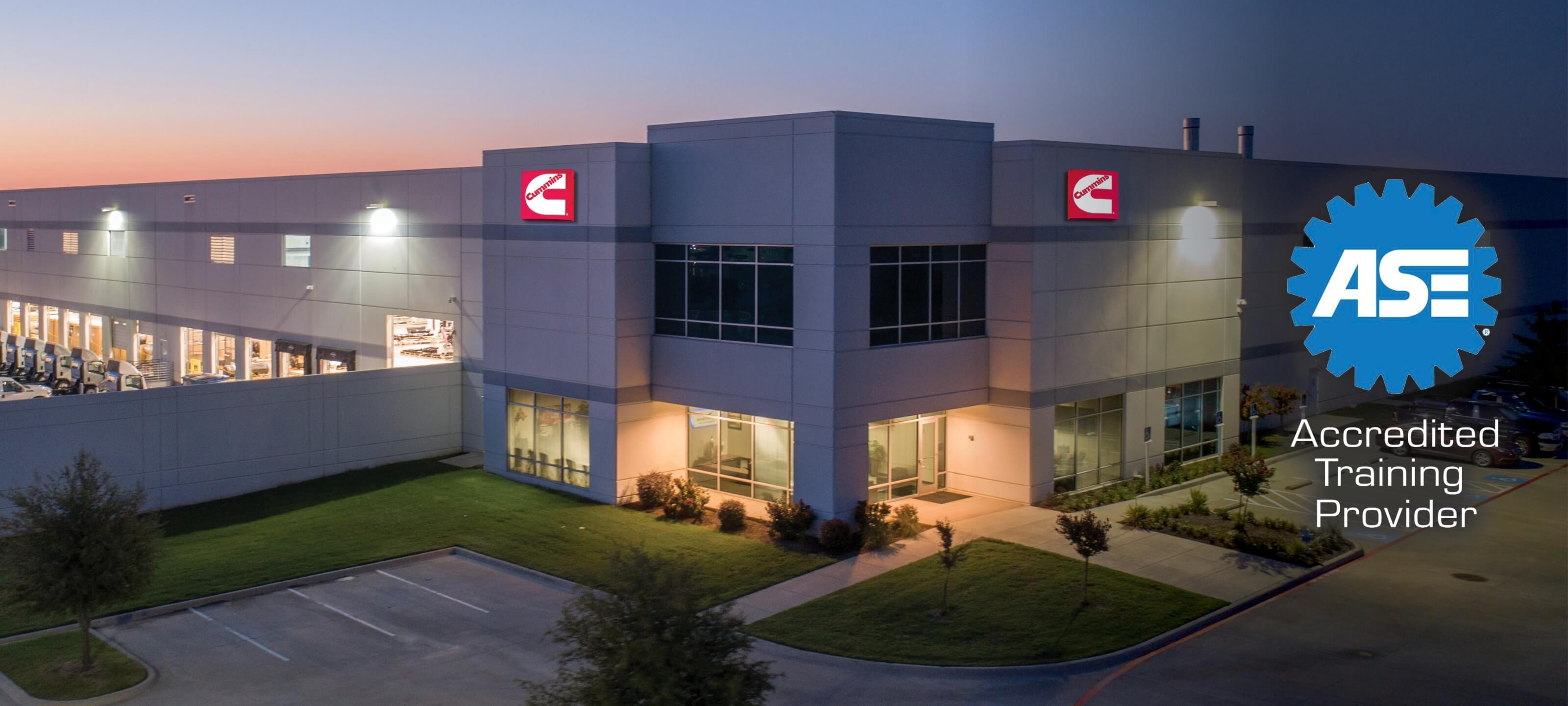 Birdseye view of Cummins Clean Fuel Technologies facility | ASE Accredited Training Provider logo